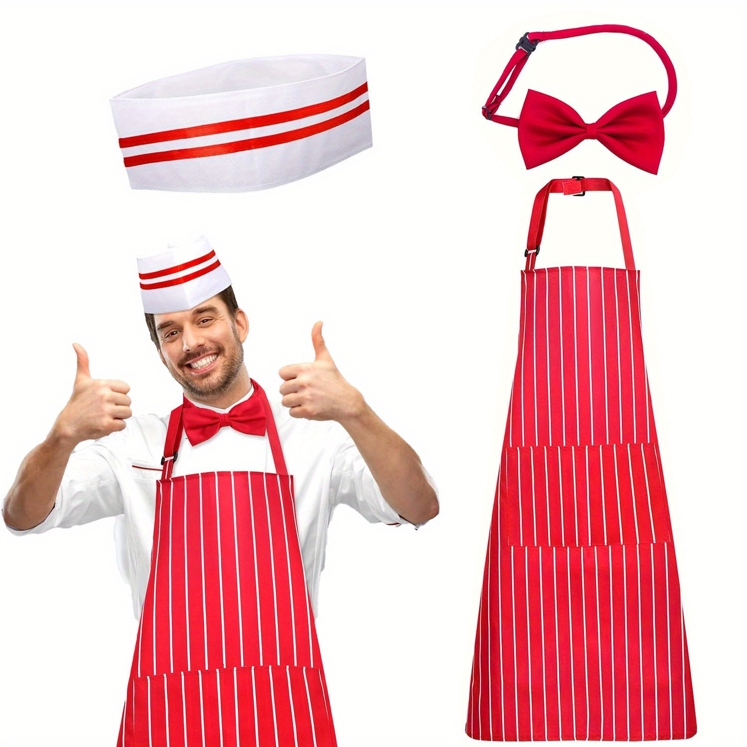 E-shop 3-teiliges 1950er-Jahre Kochkostüm-Set, Rot-Weiß Gestreifte Soda Jerker-Schürze mit Chef-Hut und roten Fliegen, verstellbar für Erwachsene