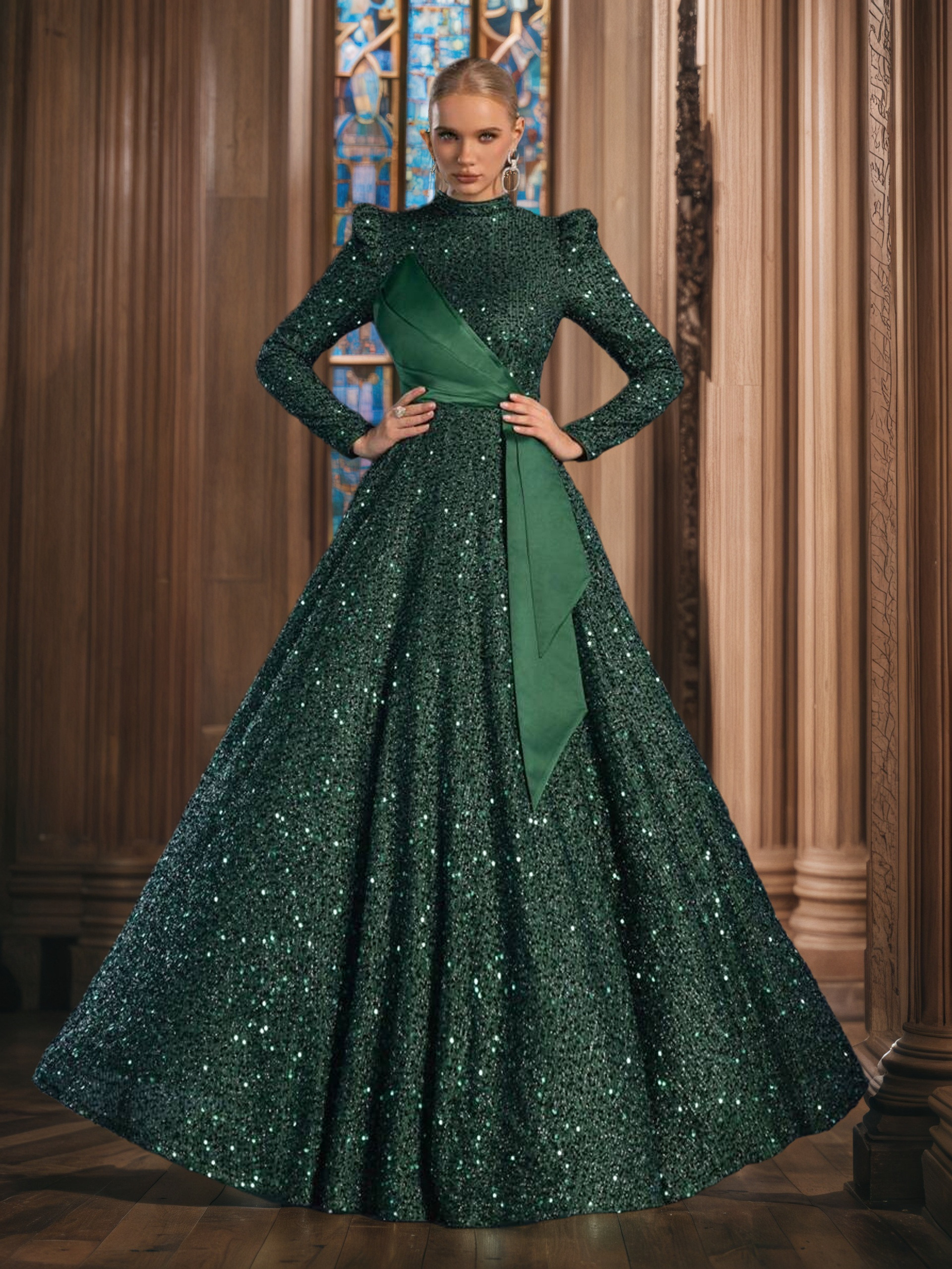 Luxury High-end Full Sequin High-neck Evening Gown with Wide Belt and Full  Skirt, Elegant Long Dress for Banquets, Couture Style Dress