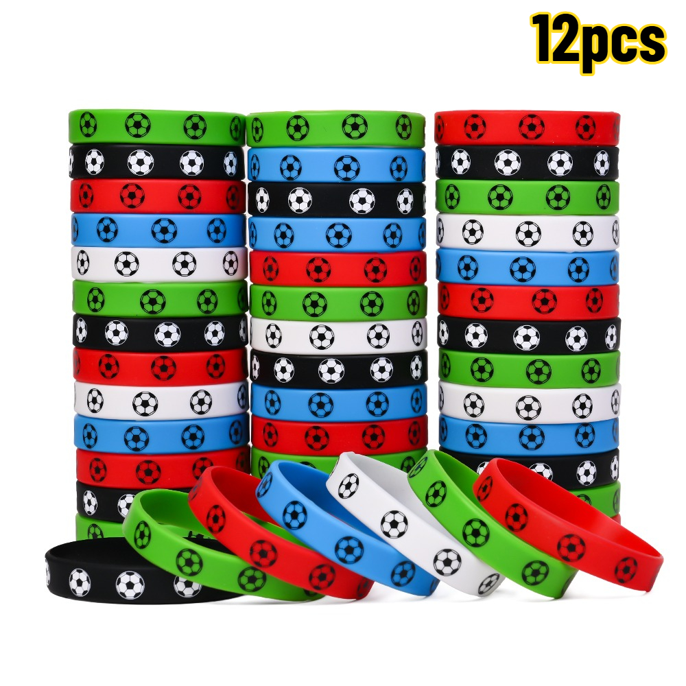 Image of Silicone Wristbands Soccer - 12pcs Colorful Football Printed Bracelets, Sports Fan Wrist Band, Unisex Men Women Team Spirit Gift