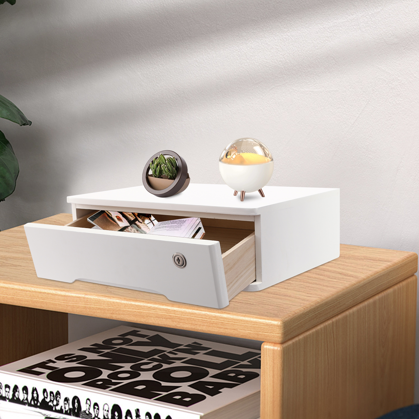 Image of Quiltern Locking Desktop Storage Box, Wooden Organizer With Drawer & Key, Minimalist Office/desk Tray For Supplies, Jewelry, Medications (white), Desk & Drawer Organizer For Home Storage