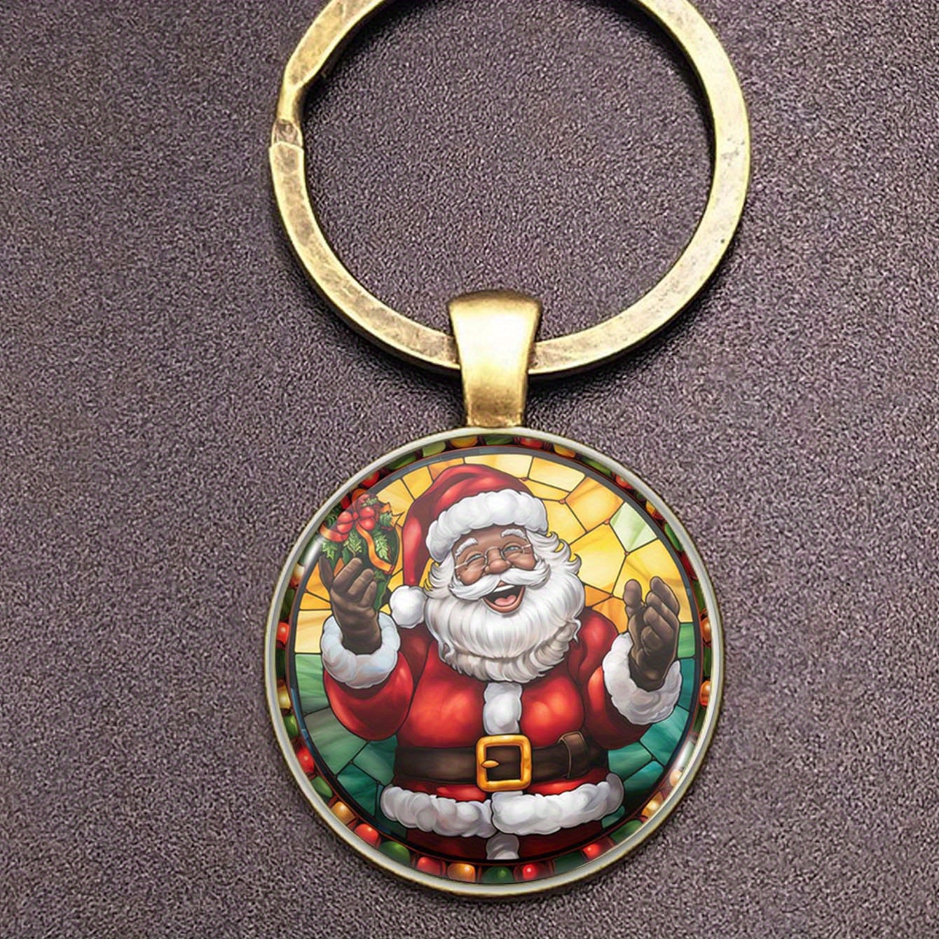 1pc Santa Claus Festivity Keychain - Elegant Alloy, Ideal For Teacher's Day/valentine's Day/family/friend Gift, Christmas-themed Design With Stained Glass Backgroun