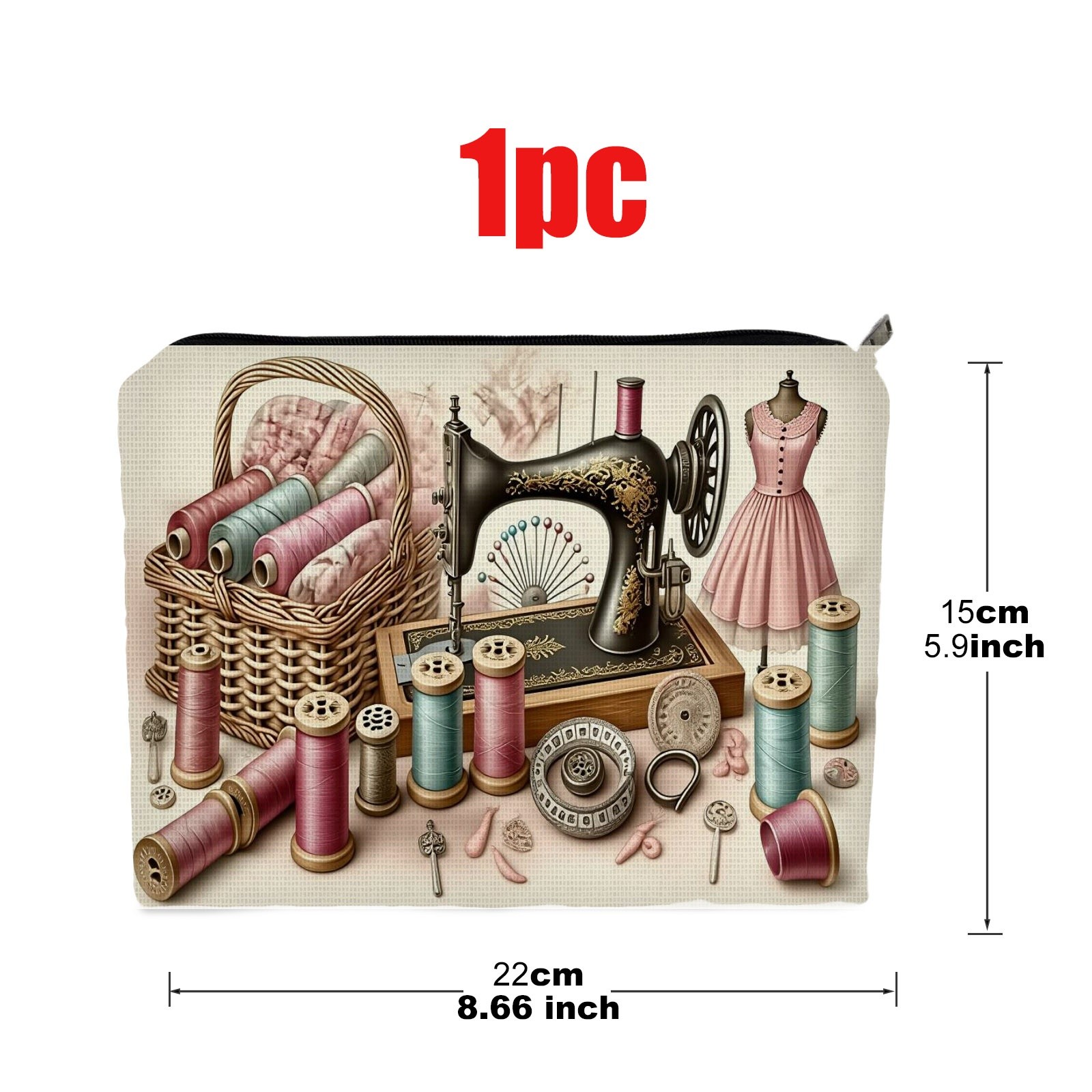 TEMU 1 pièce Trousse à maquillage style couture vintage, motif double face, taille 5.9in*8.66in, polyester, pour rangement de maquillage, inspirée