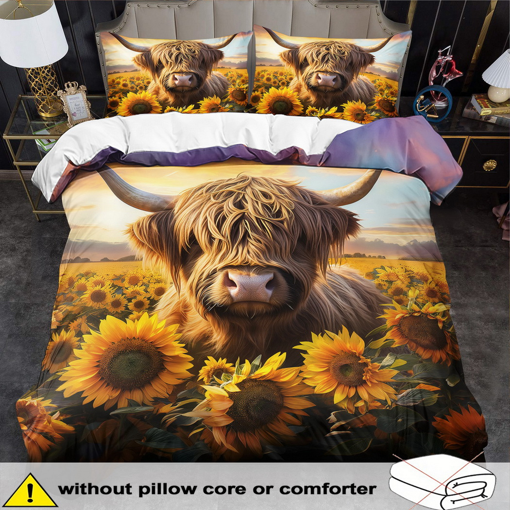 TEMU Cow Theme Duvet Cover Set - 2/3pcs, Soft Comfortable Breathable Sunflower Print Bedding, Farm Animal Print Comforter Cover Set, 100% Polyester