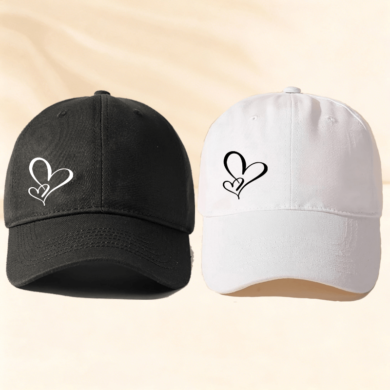 TEMU 2 casquettes de baseball unisexes à double couche facile à avec imprimé cœur, couleur unie noire et blanche, chapeau de papa à dessus rigide,
