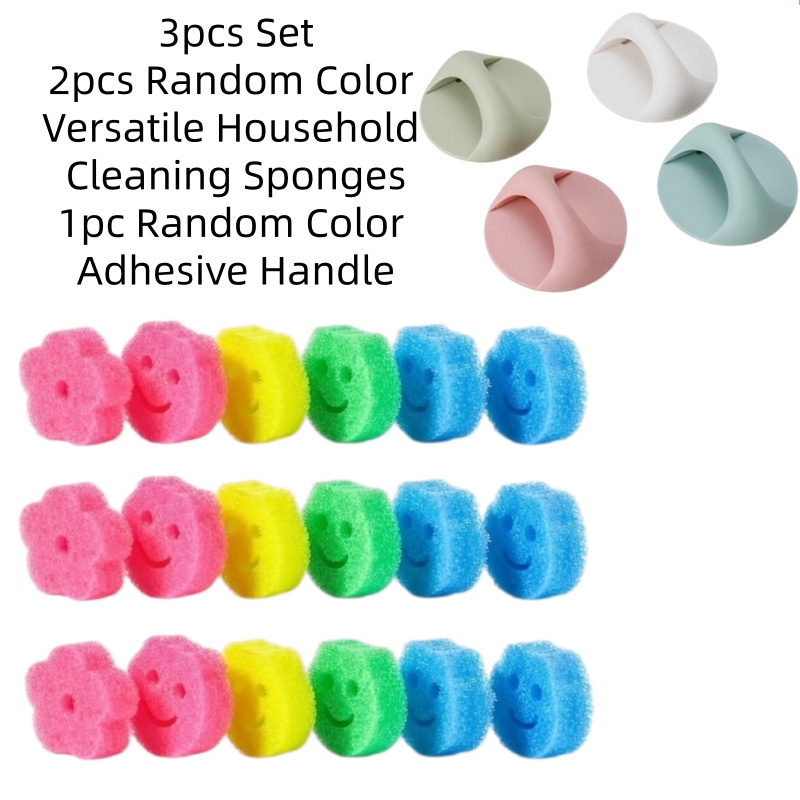 TEMU Lot de 3 pièces (2 éponges de nettoyage polyvalentes de couleur aléatoire + 1 manche adhésif de couleur aléatoire) avec motif joyeux, matériau