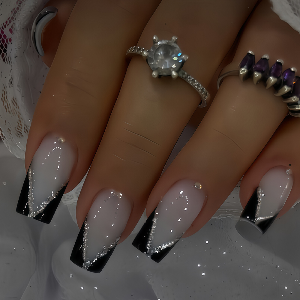 24pcs Short Square Nails Classic Versatile Black Beveled -on Nails Sparkling Glitter Elegant Glossy Suitable For Women And Daily Wear And Dates Removable Kit With Jelly Glue And Nail File