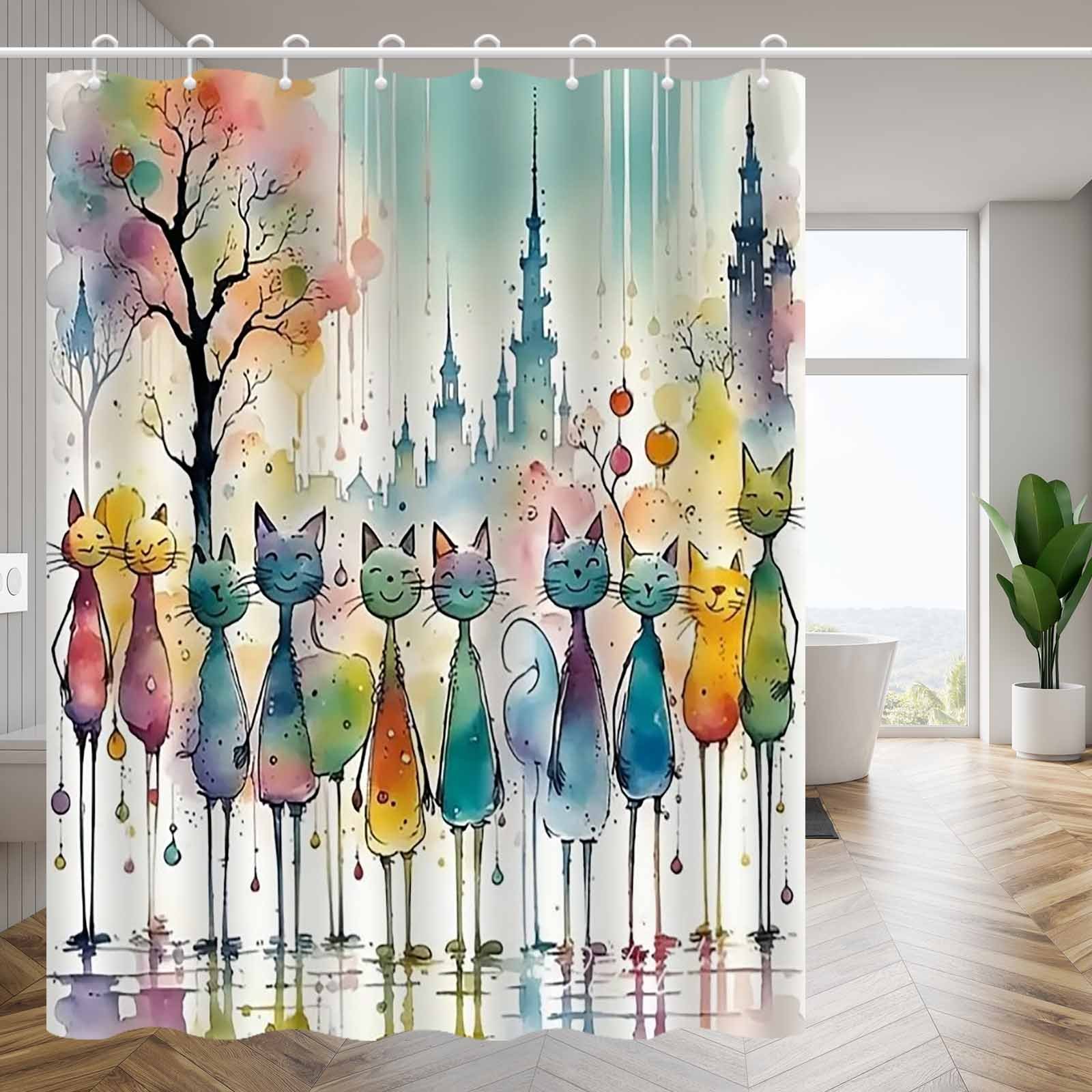 Jit1pcs Hand-painted Artistic Abstract Cat Shower Curtain, High-end Elegant Bathroom Curtain, Bathroom Decoration Pattern