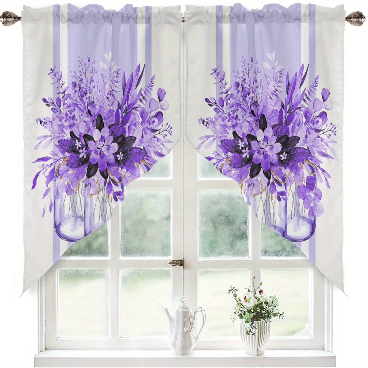 TEMU Ensemble de 2 rideaux triangulaires de style bohème à motif de vase en verre avec motif floral violet, décorations de fenêtre pour cuisine,