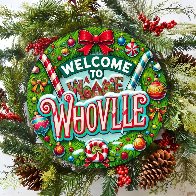 

Welcome To Huville Christmas Village - 8x8" Round Metal Sign, Wall Decor For Home, Bar, Cafe & Kitchen, 2d, Room Decor