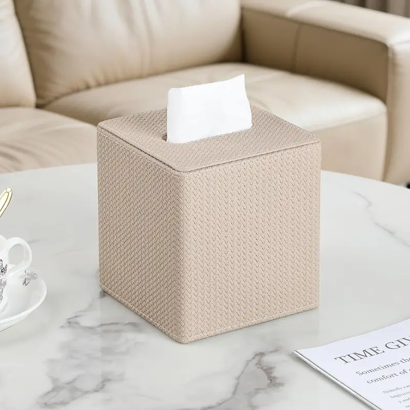 pu leather tissue box cover with magnetic closure - square woven texture design, dust-resistant cube holder for bathroom vanity, bedroom nightstand & office - fits standard tissues, decorative storage organizer (no clutter-free access) Product details 1