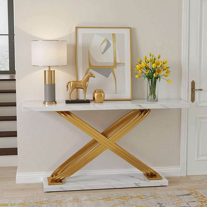 TEMU Modern Entryway Console Table, Measuring 140 X 33 X 80 Cm, Featuring Geometric Metal Legs, Suitable For The Living Room In And Golden