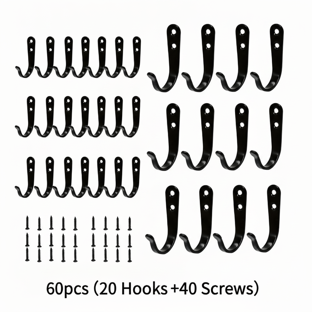 TEMU 60 Heavy-duty Metal Wall Hooks, Including 20 Hooks And 40 Screws - Industrial-style Black Wall-mounted Hooks With Pre-drilled Holes And Nails,