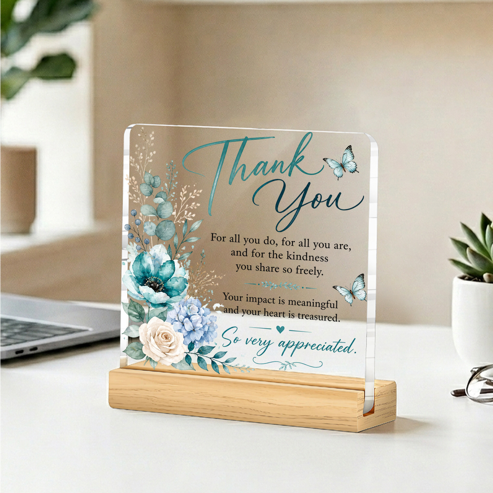 TEMU Ornement 2D plat, 1 pièce, papillon floral aquarelle, avec base en bois et couvercle en acrylique - Décoration de bureau avec de remerciement,