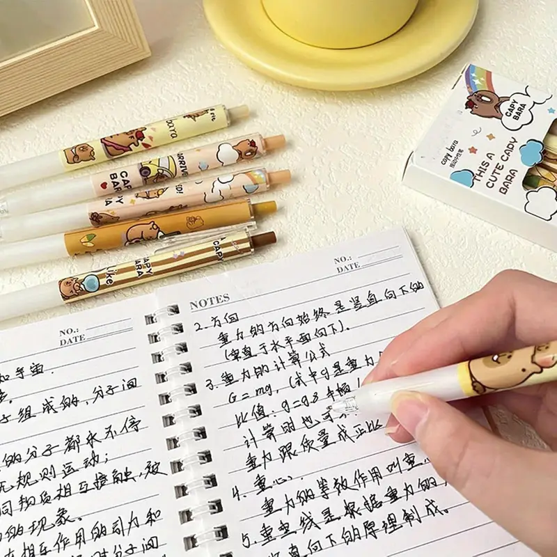 6pcs capybala retractable cute cartoon capybara pens 0. 5mm black ink gel ink aesthetic supplies for girls boys women men, cute gel pens, fancy pen, needle tip pens, cute pens bulk, school pens, ink gel pens, notetaking pens, writing tools, design, fun stationery, comfortable grip, durable pen, fine tip pen, retractable pen, stationery lovers, gift for friends Product details 0