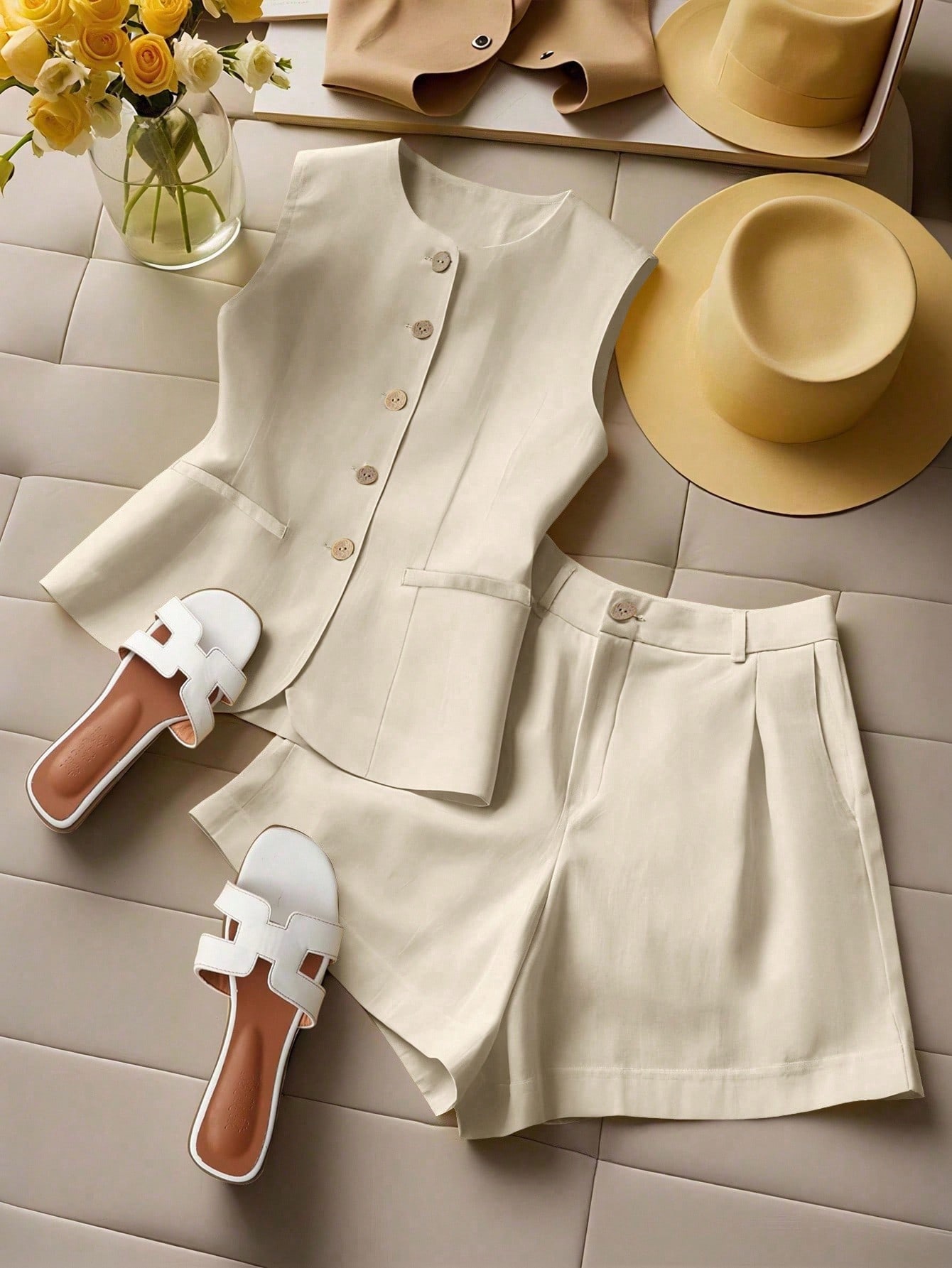 womens european and   spring summer multi color two piece vest and shorts set with pockets t02