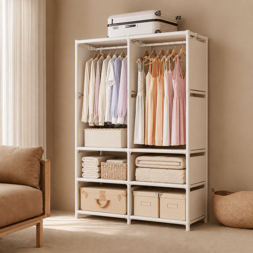 practical open fabric wardrobe multi tier layout with dustproof cover for rental room clothing bedding and accessories storage tube fittings connector parts with replaceable specifications