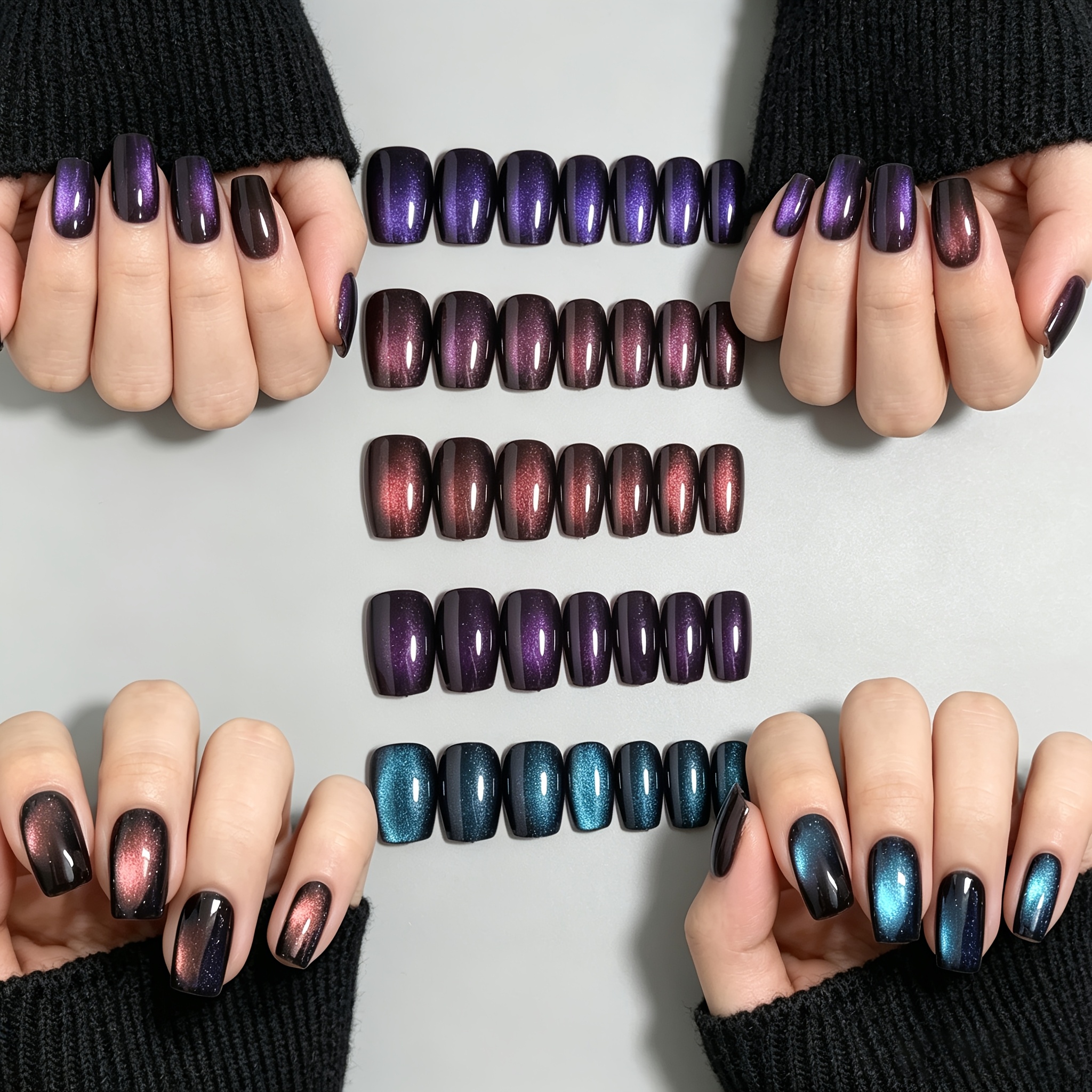 TEMU 120pcs Faux Ongles Carrés Oeil de Chat Moyens à Appliquer, 4 Couleurs Brillantes Oeil de Chat, Ongles Carrés Moyens à Base Noire Dégradé Rouge-