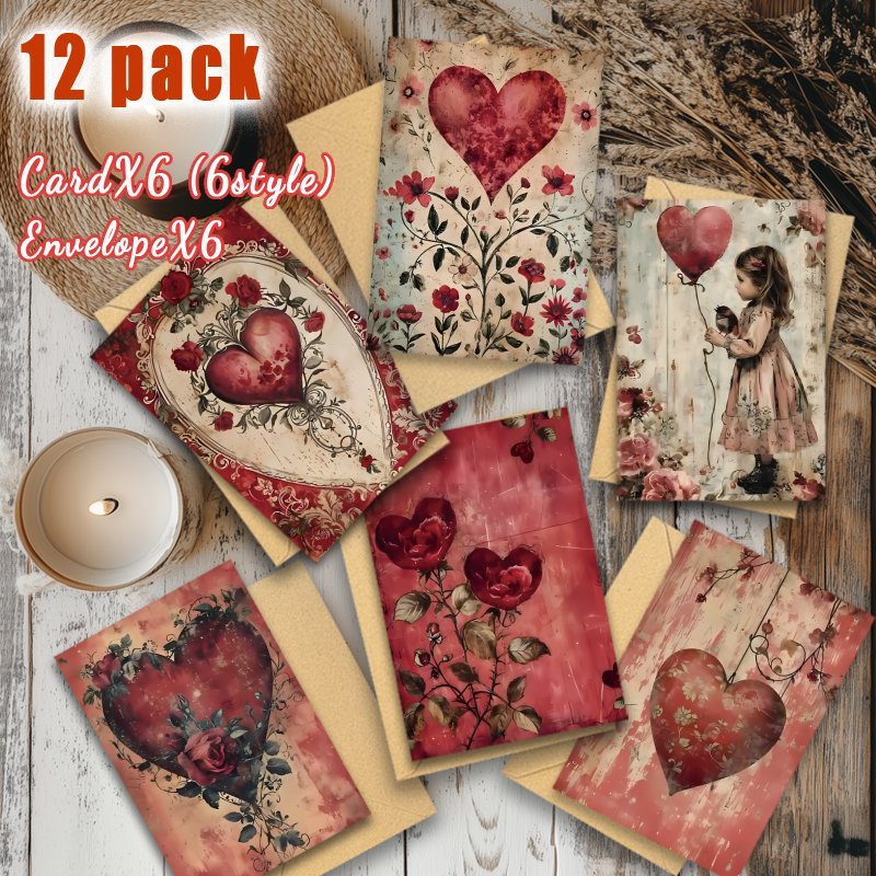 

12 Pack Vintage Floral Heart Valentine's Day Greeting Cards With Envelopes - Romantic Design For Wife, Husband, Girlfriend, Boyfriend - Suitable For Birthday, Anniversary, , Holiday