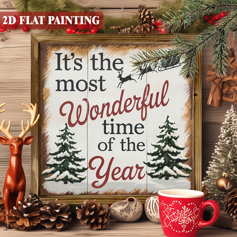 TEMU 2d Flat 1pc Vintage Country Christmas Wooden Wall Decor, The Of The Year - 15x15cm Farmhouse Style Holiday Ornament With Red Lettering, Snowy