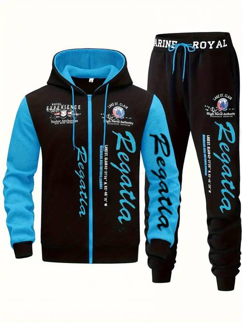 Men'S Hooded Letter-Print Sportswear Suit, 2 Casual Sports Suits, Fashion Hoodie with Full Zipper And Elastic Waist Pants, Regular Version, Outdoor Clothes
