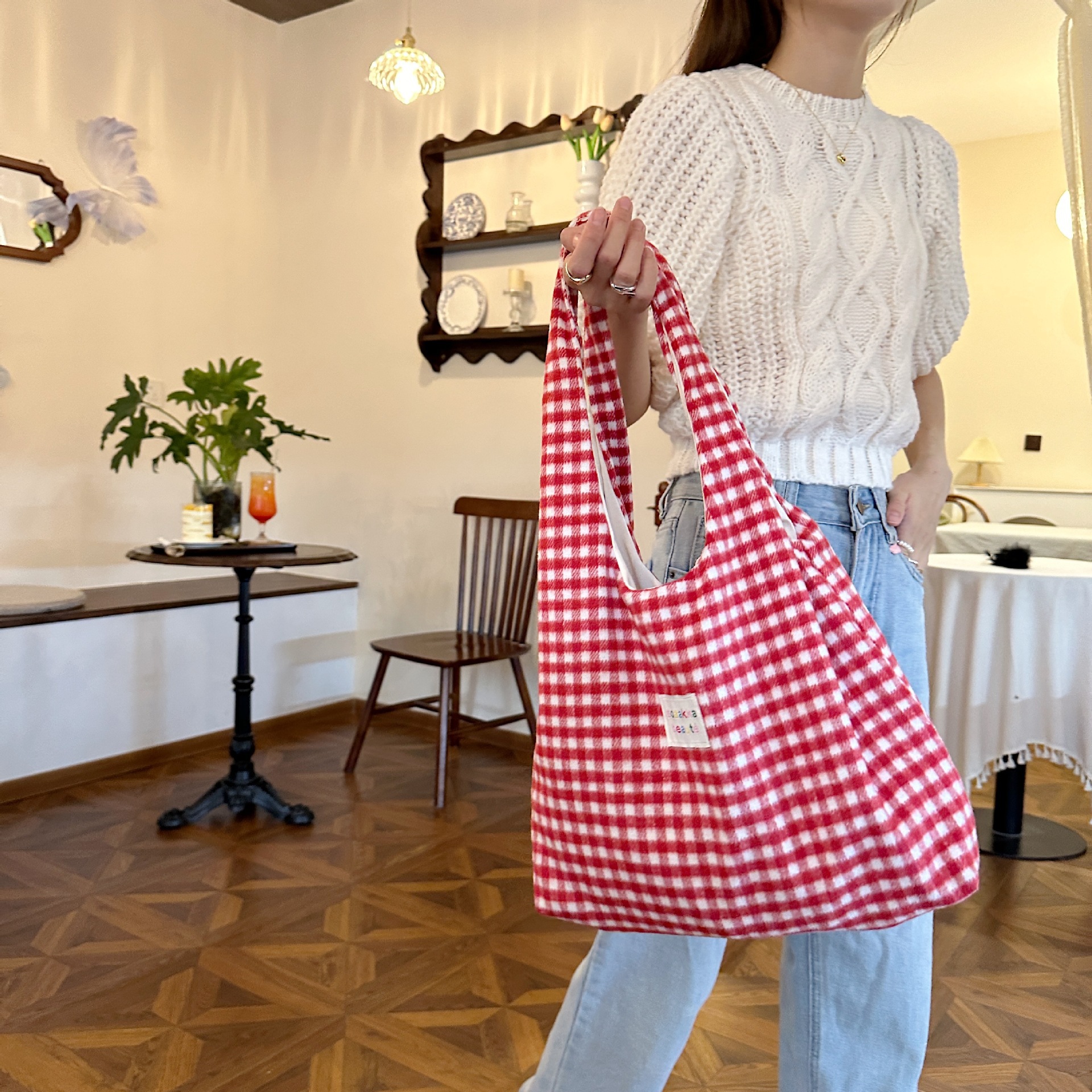 Pink Gingham Hobo Tote Bag Large Capacity Casual Shoulder Purse_voghion.com
