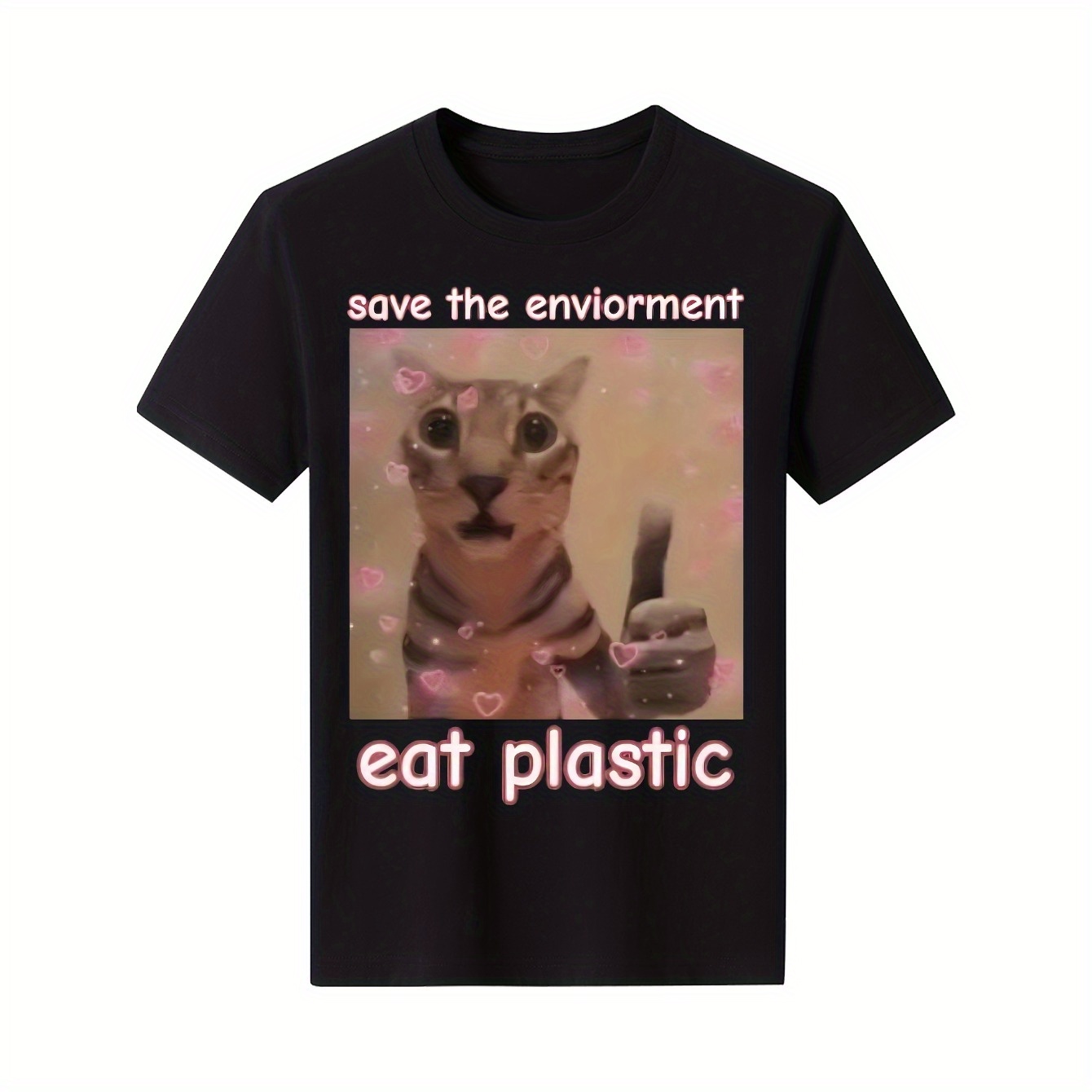 

Men's "save The Eat Plastic" Cat Graphic T-shirt - Casual Cotton Short Sleeve, Black, Cat Design With , Wear, Machine Washable, Tee | Fun | Knit Fabric