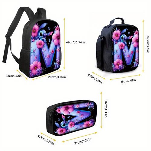 3pcs letter backpack set a z theme purple floral pattern shoulder bag set unisex fashion print schoolbag trio daily use or travel