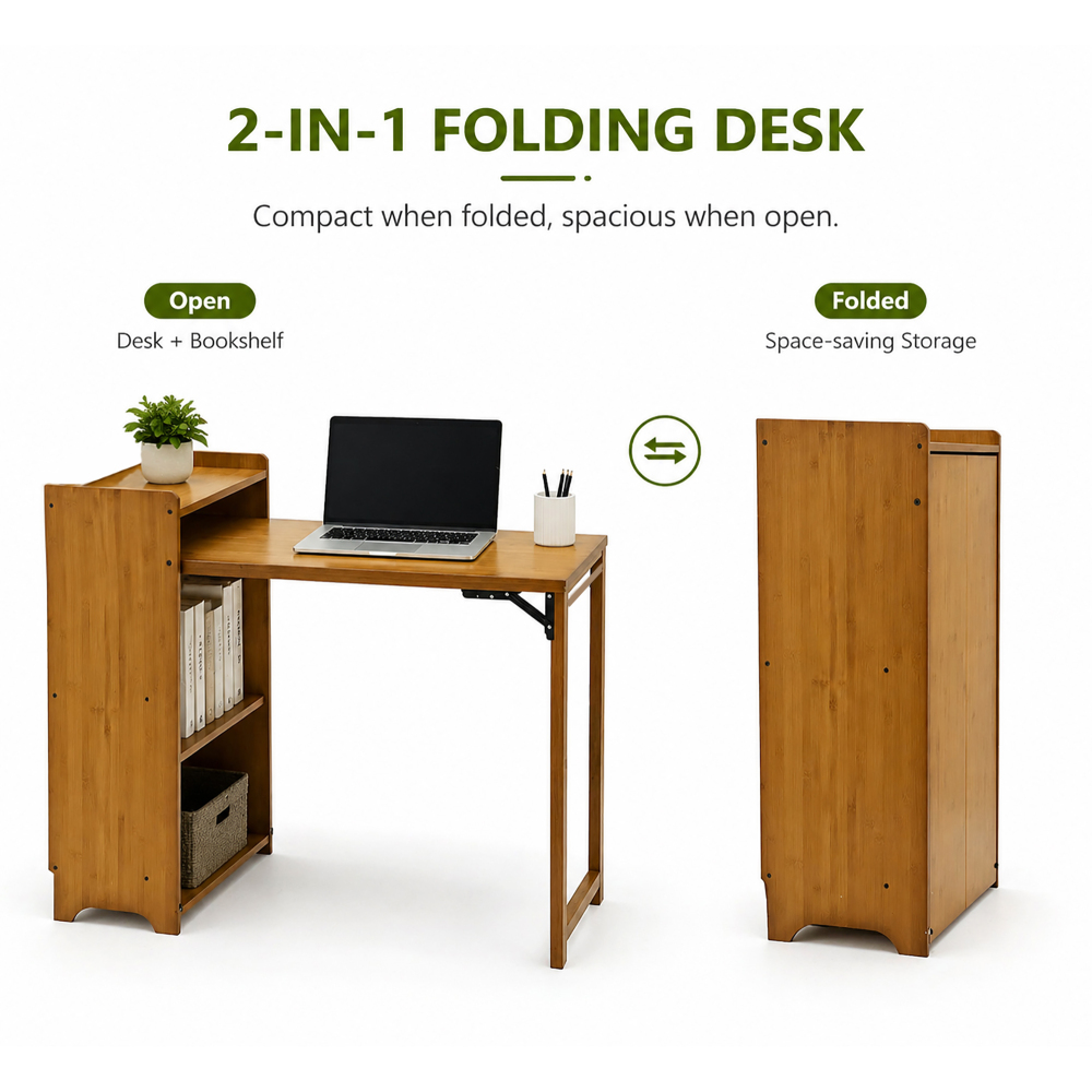 Bamboo Folding Desk for Small Spaces with Storage, Foldable Mid Century Modern Drop Leaf Desk, Vintage Fold Out Hideaway Small Desks for Bedroom Or Home Office