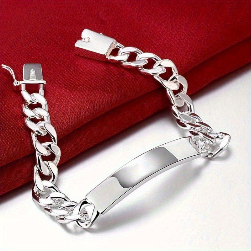 TEMU S925 Silvery Plated - Geometric Cuban Chain Bracelet - Elegant White Jewelry Gift - For Men And Women - Christmas, Halloween And Valentine's Day
