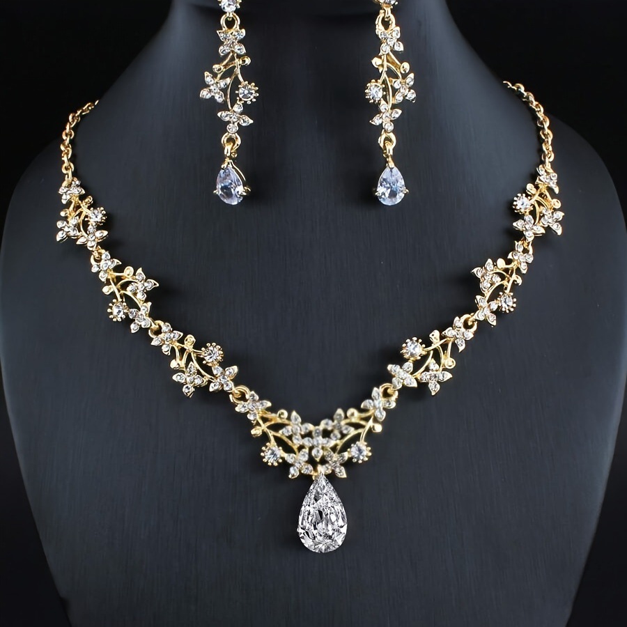 TEMU Ensemble de bijoux en synthétique dorée, collier et boucles d'oreilles, ensemble 2 pièces, additions pour robe de soirée formelle, design à