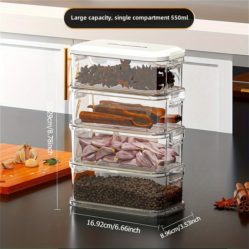 TEMU Set Of 4 Stackable Kitchen Storage Containers With Airtight Seals And Transparent Lids, Designed For Organizing Spices, Grains, And While Saving