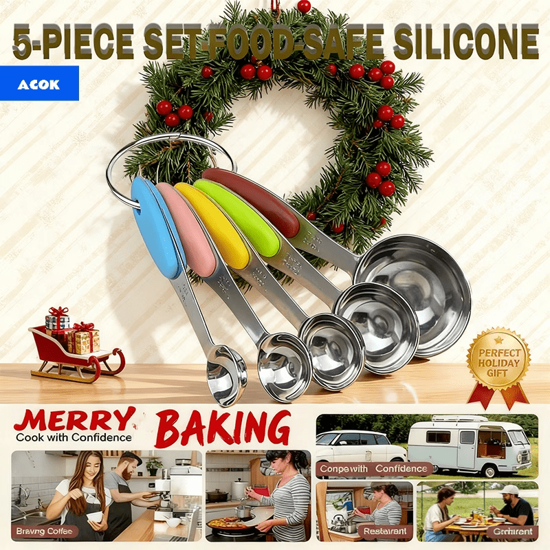 TEMU Set Of 5 Stainless Steel Measuring Spoons Featuring A Silicone Grip - A Must-have For Culinary Tasks And Baking, Safe For Dishwashers | Sturdy,