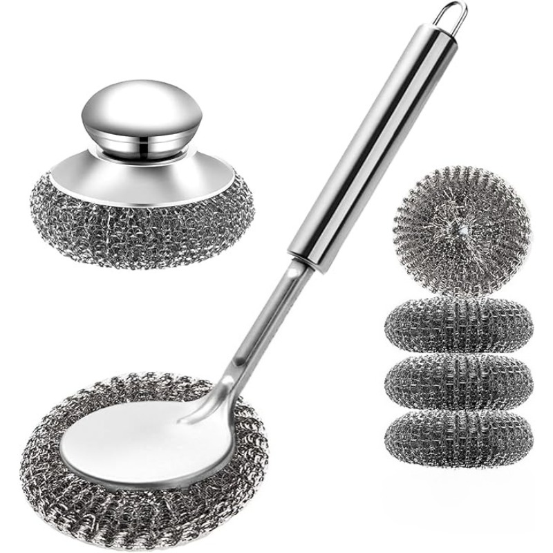 TEMU Steel Wool Scrubber With Handle, Cast Scrubber, Stainless Steel Scrubber, With 4 Refills And Long Handle Stainless Pot Brush, Remove Dirt, For