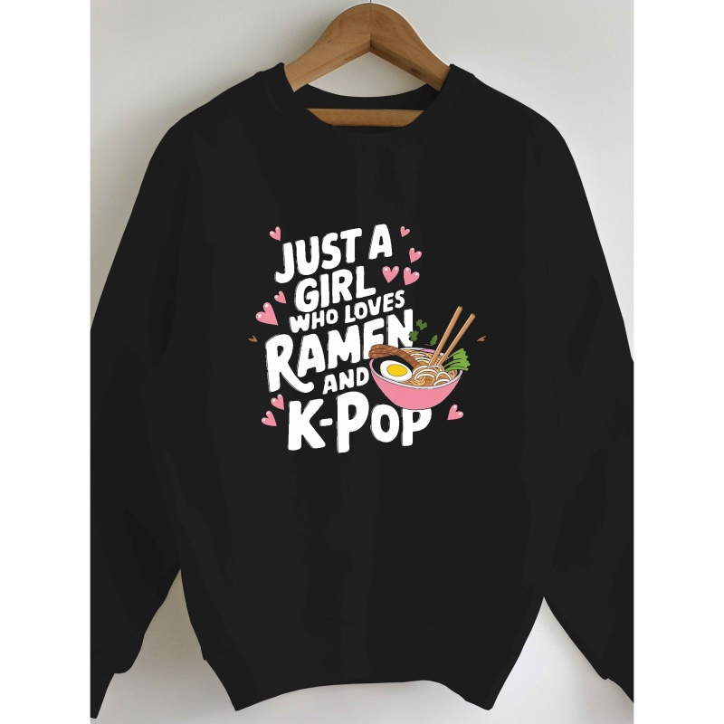 

Women's Cozy Red Ramen & K-pop Graphic Sweatshirt - Casual Crew Neck, 100% Polyester, Machine Washable - Fall & Spring