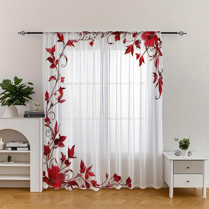 TEMU Ensemble de 2 rideaux " Rouge" avec fleurs élégantes, cache fenêtre de cadre photo confortable et , rideau transparent, idéal pour décorer les