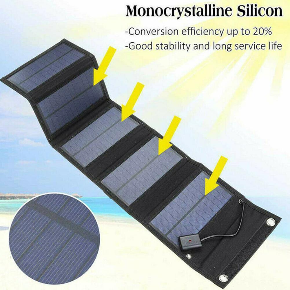 Panel solar plegable de 35W, cargador solar portátil compatible con iPhone, iPad, Samsung, LG y bancos de energía, ideal para acampar y viajar al aire libre.