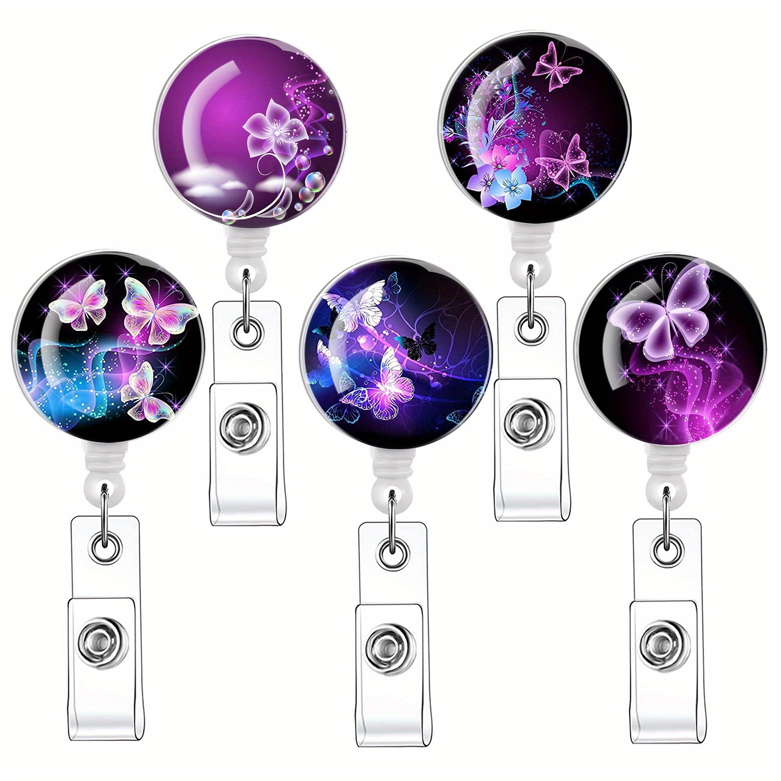 E-shop 2D 5 Stück Schmetterling Acryl Bedruckte Abzeichenrolle Einziehbarer Abzeichenhalter, ID Abzeichenhalter Einziehbarer Clip, Lustige