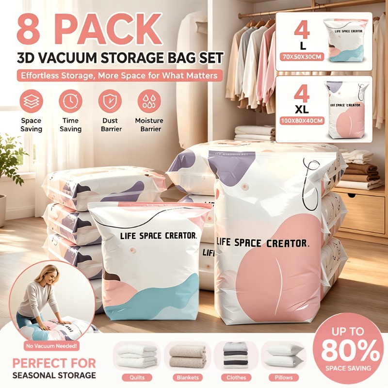 Image of 8-pack Space- Vacuum Storage Bags, No Air Pump Required, Including 4 Oversized And 4 Large Resealable Bags For Home Wardrobes, Travel, Seasonal Clothing, And Bedding Storage