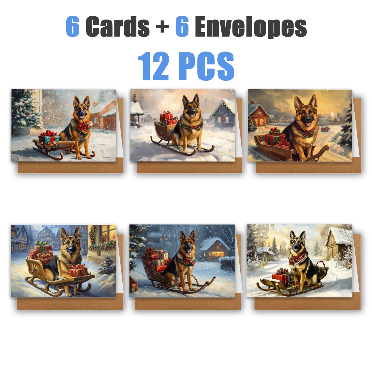 TEMU 1 set/ 12 stuks/ 24 stuks Kerstwenskaarten met Duitse Herders op een Sneeuwslee | Inclusief Enveloppen, Wenskaarten | Perfect voor Verjaardagen,
