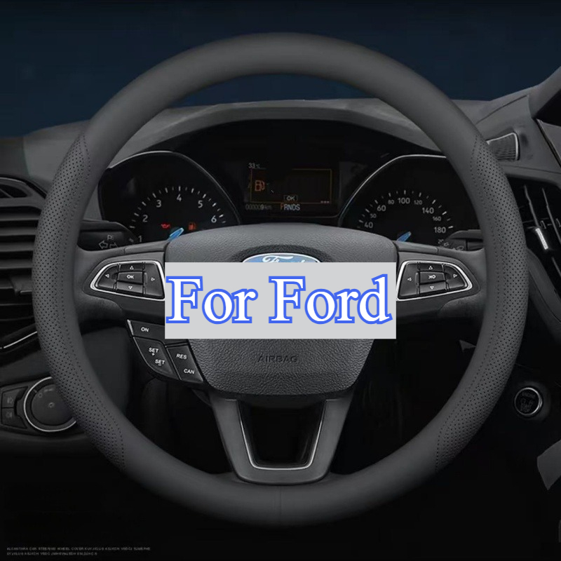 TEMU de volante compatible con Ford, para volantes redondos y de D y D de Ford, diseño láser transpirable, para todas , cuero sintético premium