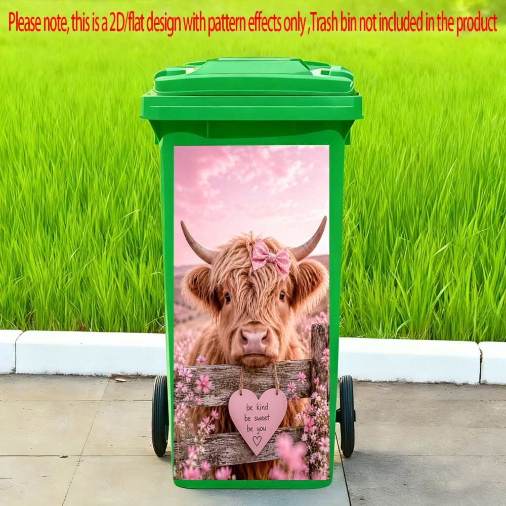 TEMU 1pc 2d Flat Cute Highland Cow With Pink Bow Floral Background Heart Slogan Pattern Trash Can Sticker Outdoors Waterproof Bin Stickers Self