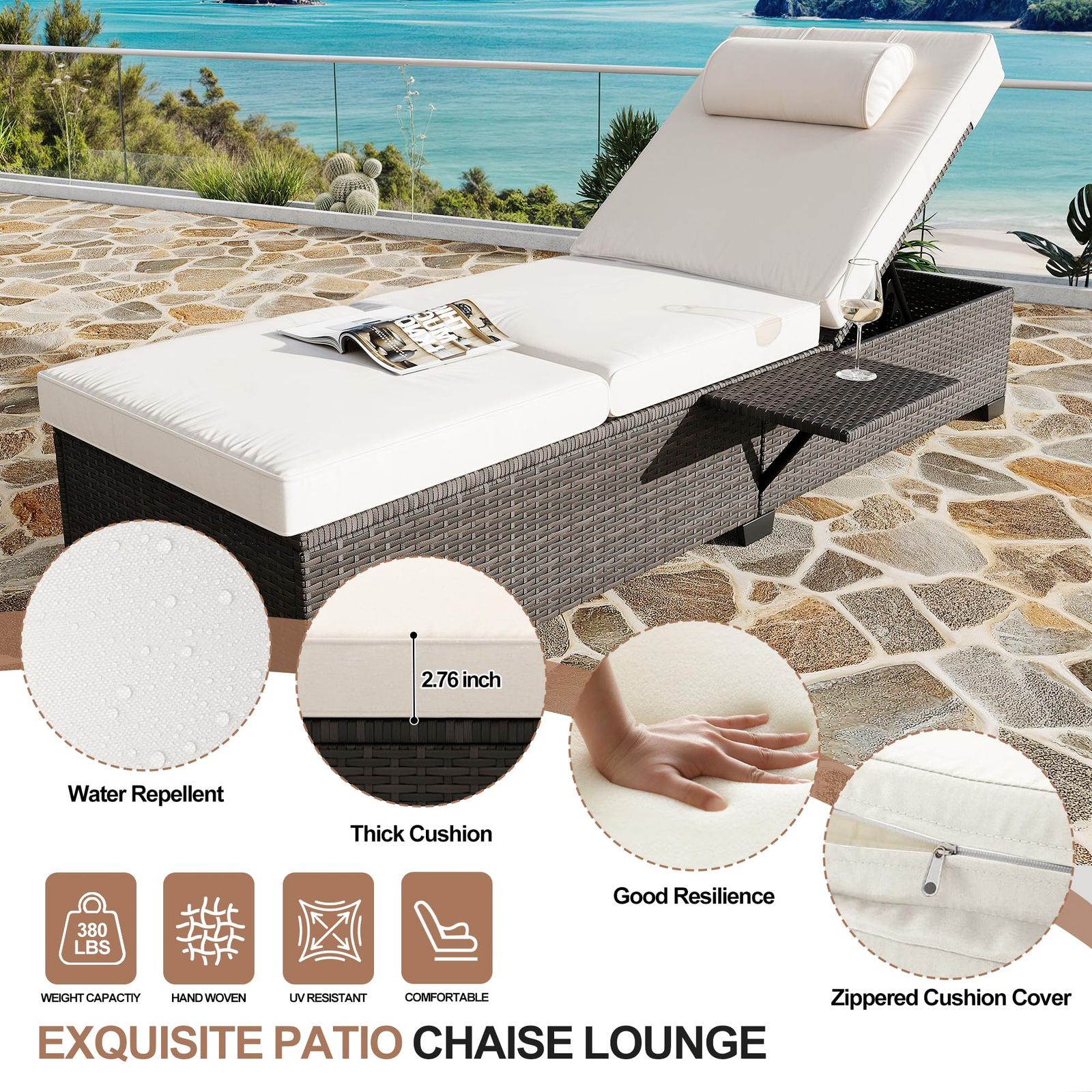 [Outdoor Sun Loungers] 2pcs Patio Chaise Lounge Set | Outdoor Adjustable Reclining Sun Loungers with PE Wicker & Steel Frame, Water-Resistant Cushions for Poolside, Beach, Backyard, All-Weather Furniture by GOCAPTAIN
