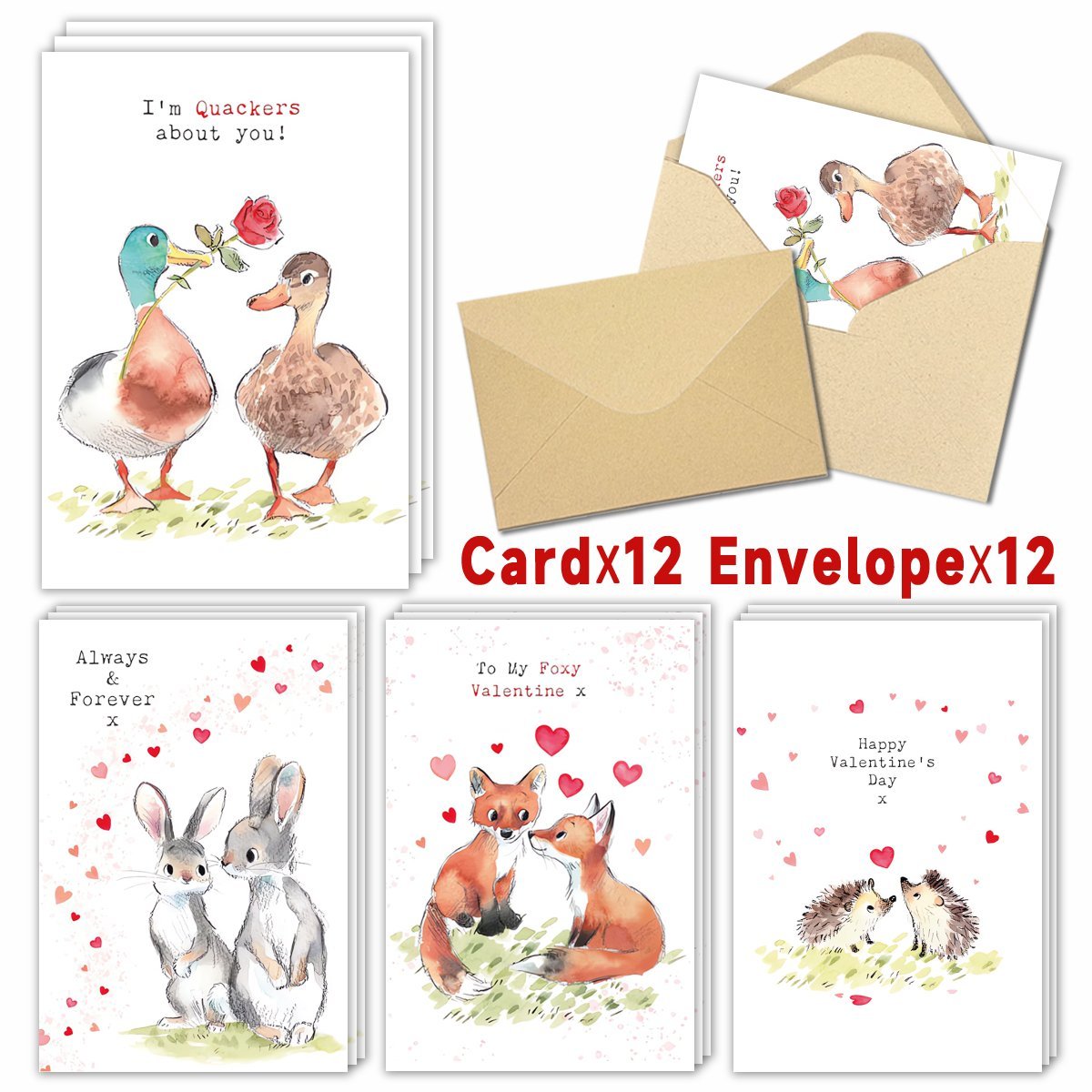 

24-pack Valentine's Day Greeting Cards With Envelopes, Cute Cartoon Animal , Blank Inside, High-quality Paper, , Spouses, Friends - Major Material: Paper