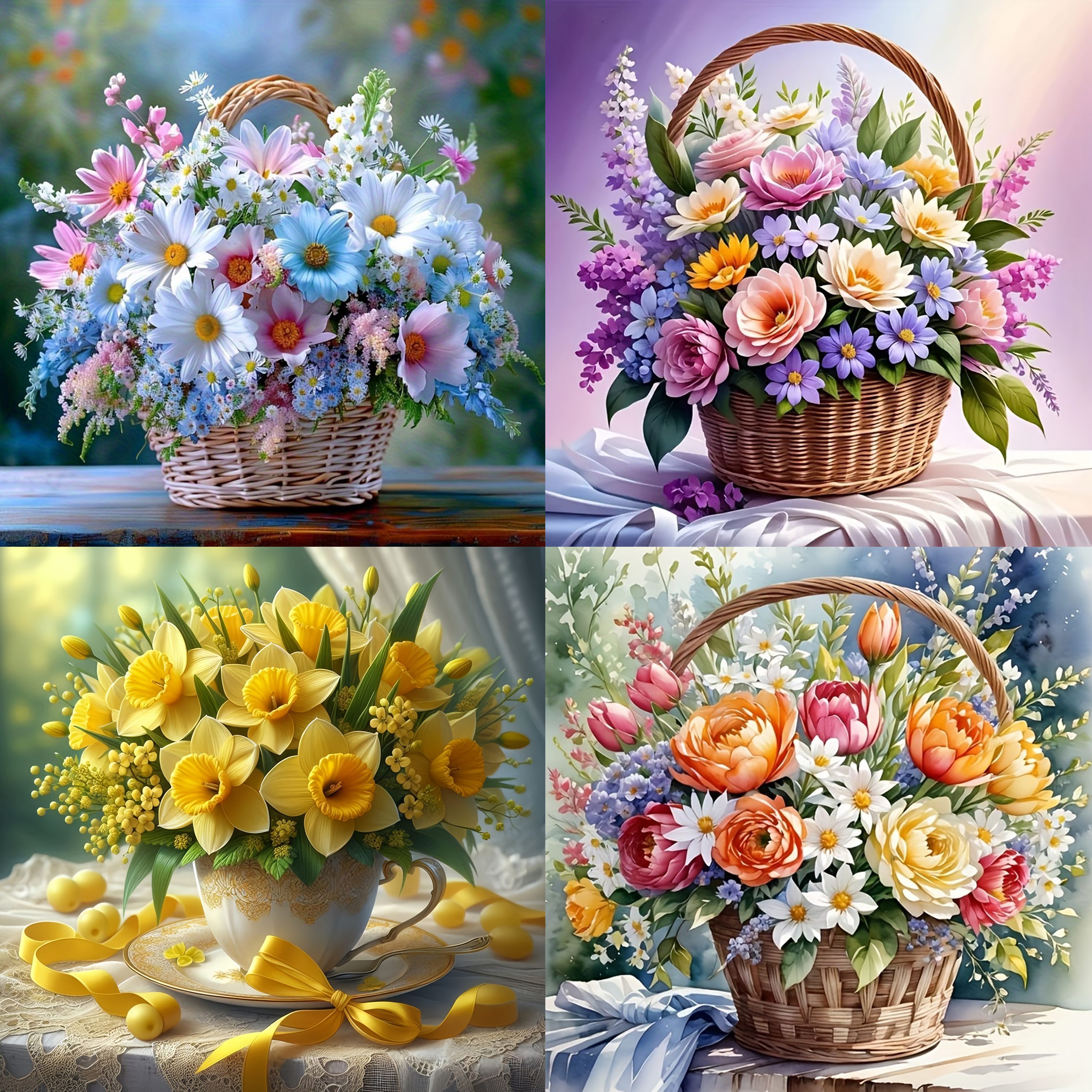 Image of 4pcs Frameless 5d Diamond Painting Kit, 30x30cm/11.8x11.8in Round Acrylic Diamond Painting Set, Flower Basket Themed Handmade Indoor Decoration