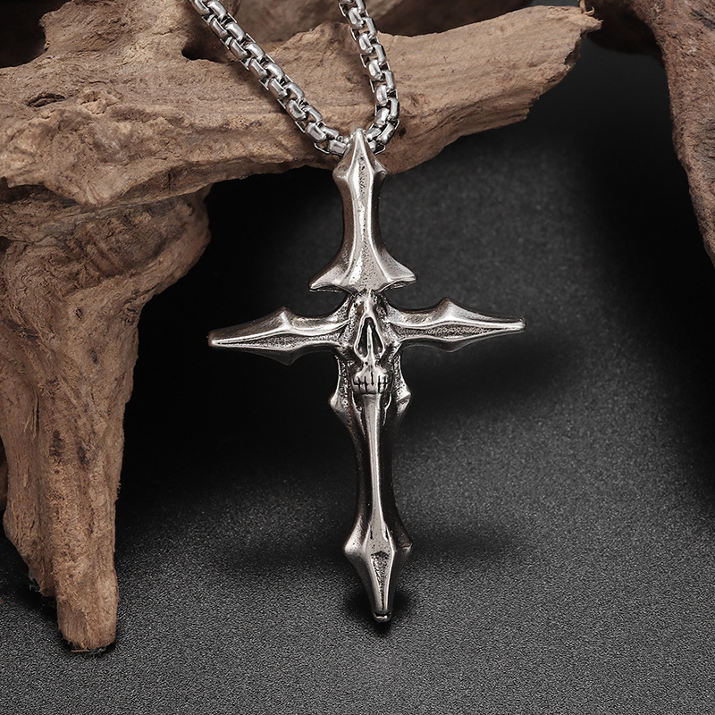 Punk Dark Skull Bone Cross Necklace, Trendy Pendant