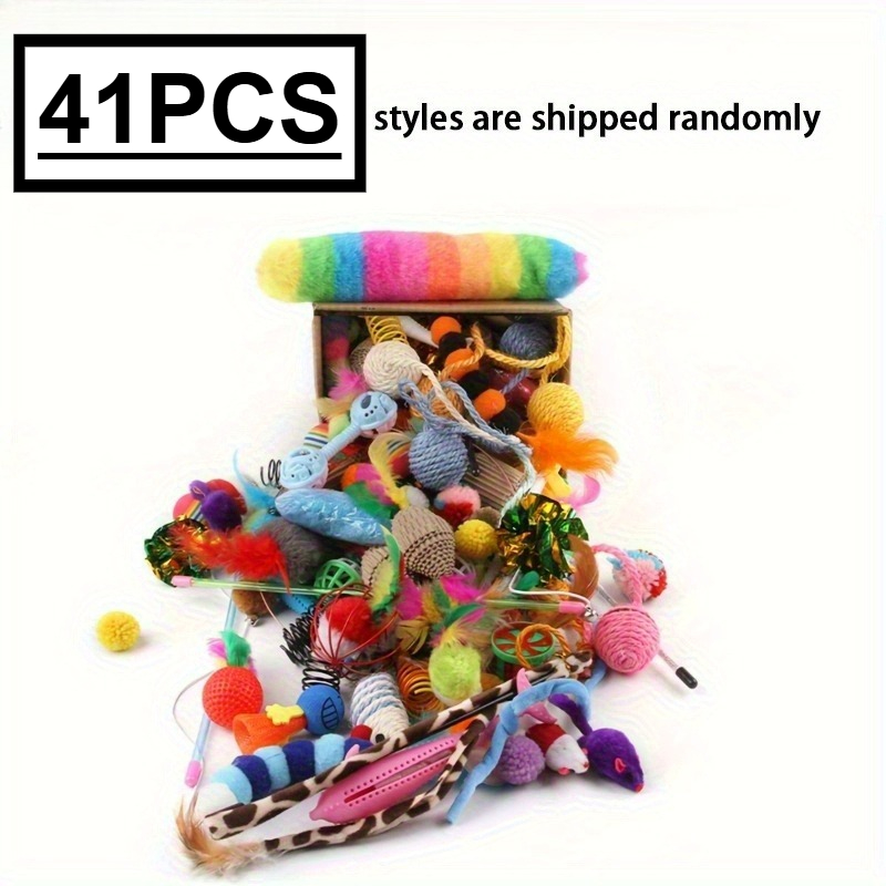 TEMU 41/26pcs Mixed Cat Toys Set Interactive Pet Toys With Random Colors Styles Sizes Polyester Artificial Feathers Durable Safe For Multi Cat