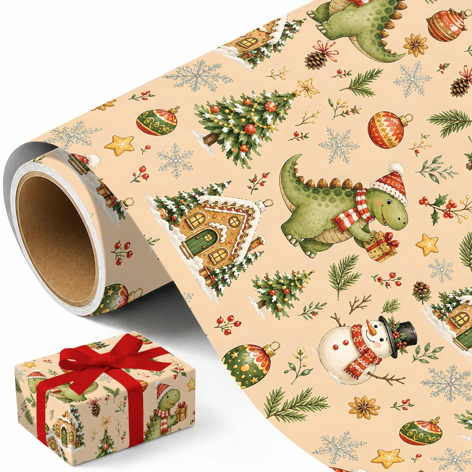 TEMU Rouleau de de Noël dinosaure - 17.7 X 118 pouces, papier d'emballage cadeau de fêtes avec un dinosaure, des maisons d'épices, des bonhommes de