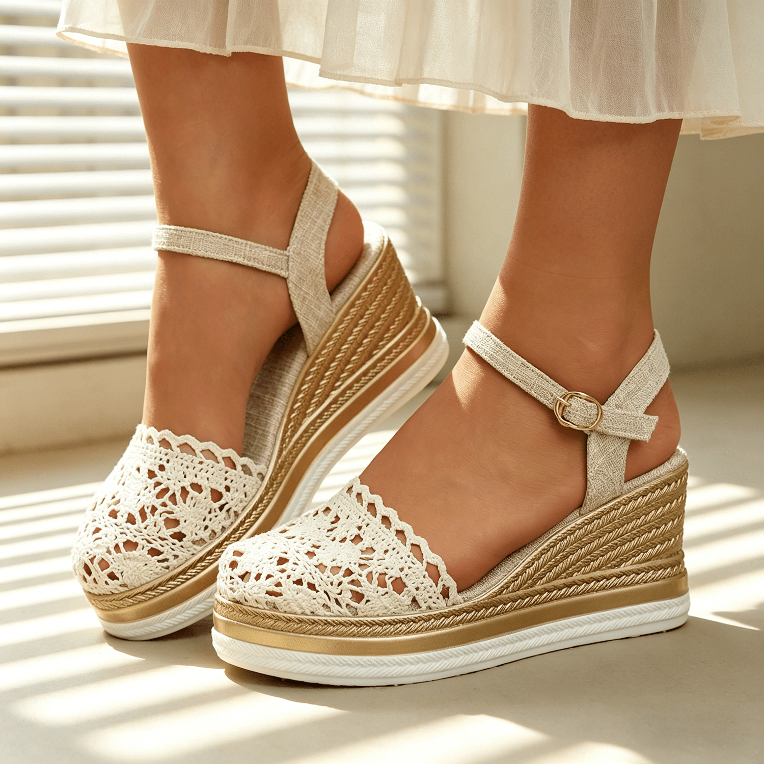 TEMU Straw Woven Wedge Sandals With Lace--out Mesh And Single-strap Ankle Strap, Women Shoes
