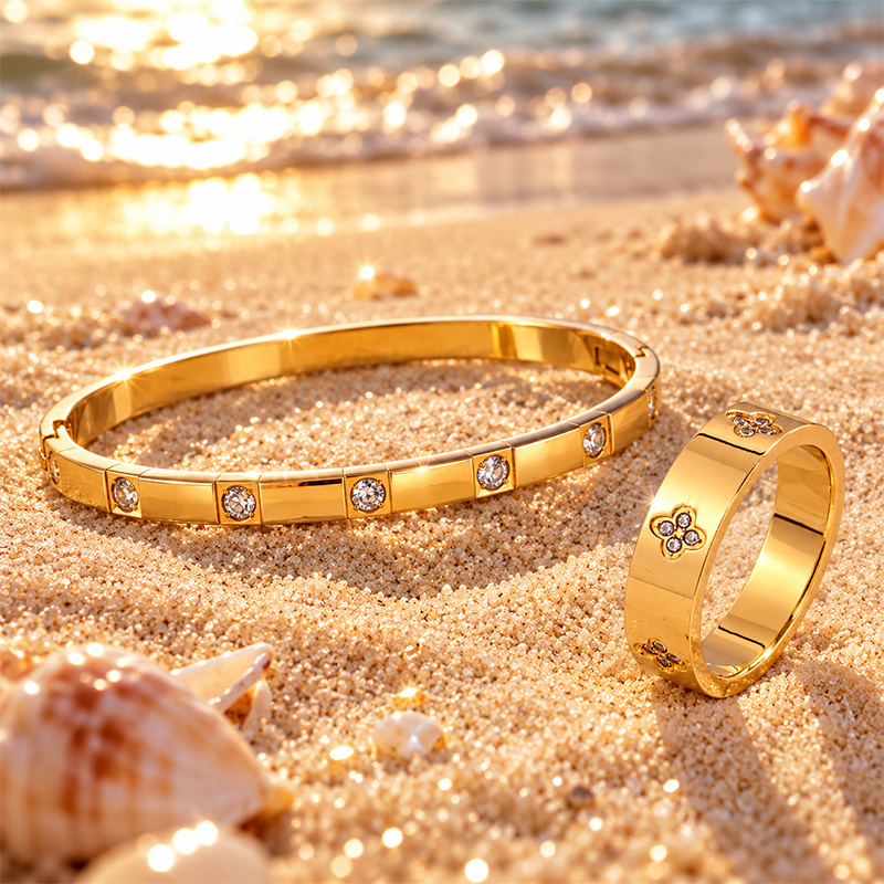 Segmented Slim Bangle & Four Flower Wide Ring Set, Glossy Finish