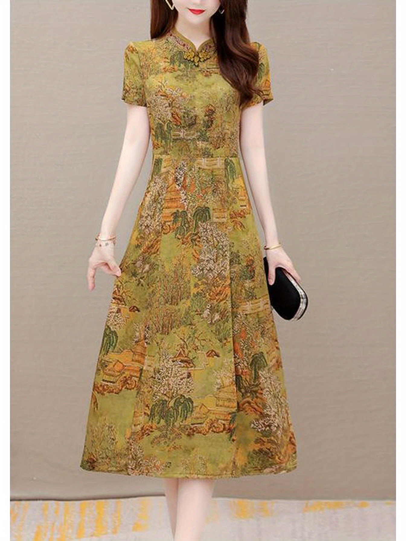 chinese dress ladies Women Asian Style Retro Long Sleeves Linen and Cotton Dress Orange